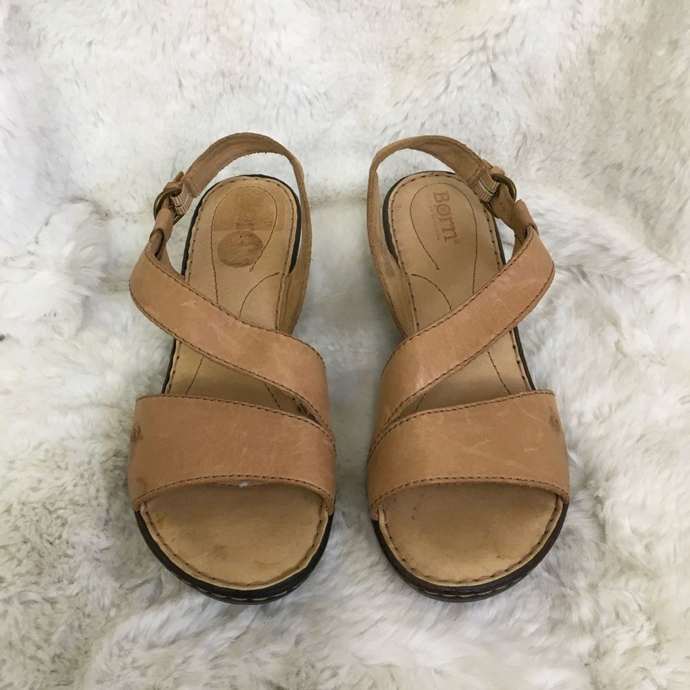 Born Women's Tan Leather Strappy Open Toe Wedge Sandals Size 9M